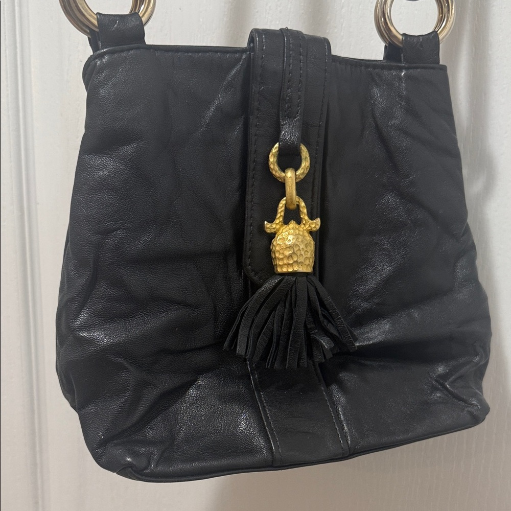 PARIS Black Leather Bag with Gold Accents Tassle Crossbody Geniune Leather